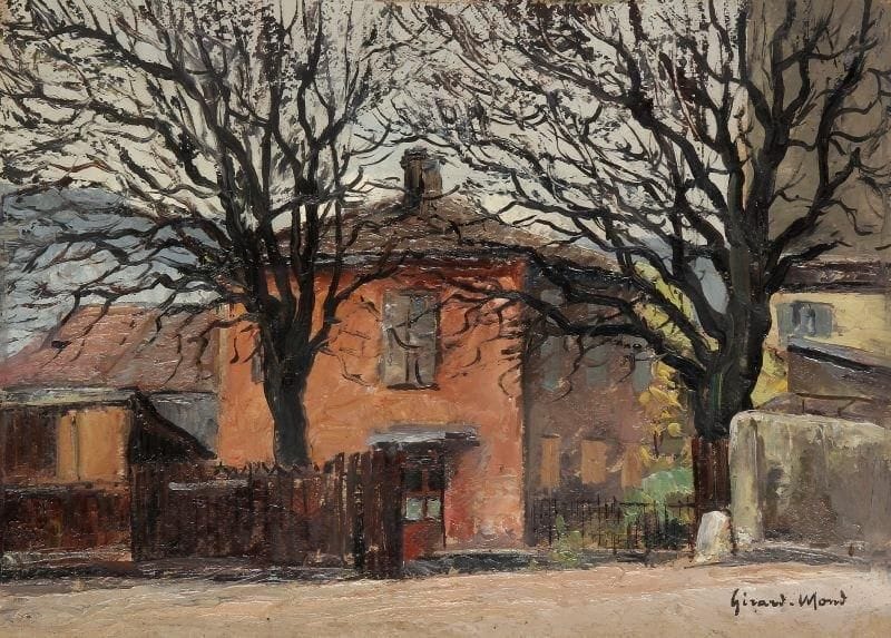Girard Edmond-Emile dit GIRARD-MOND (1892-?)
La maison rose, rue Casimir Perier, Lyon. Huile sur carton. Signée en bas à gauche et titrée au dos. 24 x 33 cm. 