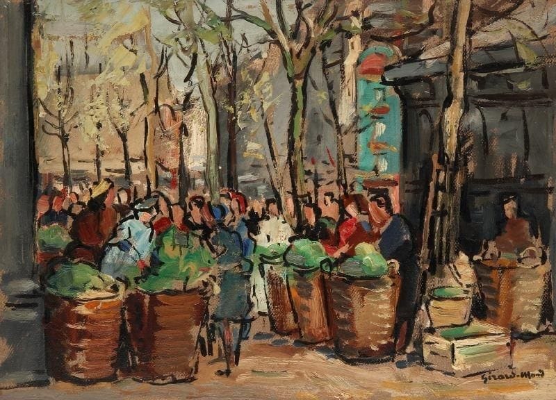Girard Edmond-Emile dit GIRARD-MOND (1892-?)
Les cressonnières (les Halles). Huile sur carton. Signée en bas à droite et titrée au dos. 24 x 33 cm. 
