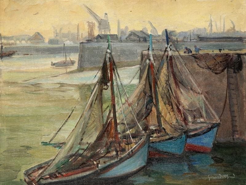 Girard Edmond-Emile dit GIRARD-MOND (1892-?)
Matin au port, Honfleur. Huile sur toile contrecollée sur carton. Signée en bas à droite et titrée au dos. 27 x 35 cm. 