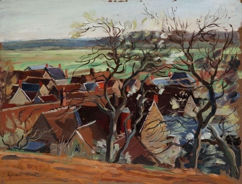 Girard Edmond-Emile dit GIRARD-MOND (1892-?)
Les toits. Huile sur carton. Signée en bas à gauche et titrée au dos. 27 x 35 cm. 