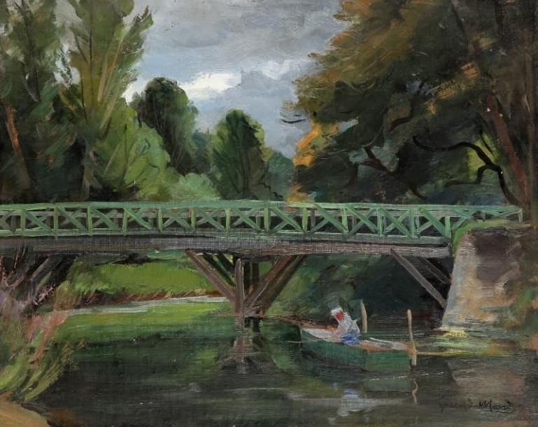 Girard Edmond-Emile dit GIRARD-MOND (1892-?)
La passerelle verte (Seine). Huile sur carton. Signée en bas à droite et titrée au dos. 27 x 34,5 cm. 