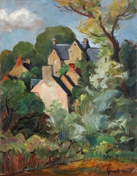 Girard Edmond-Emile dit GIRARD-MOND (1892-?)
La maison en étage. Huile sur carton. Signée en bas à droite et titrée au dos. 35 x 27 cm. 