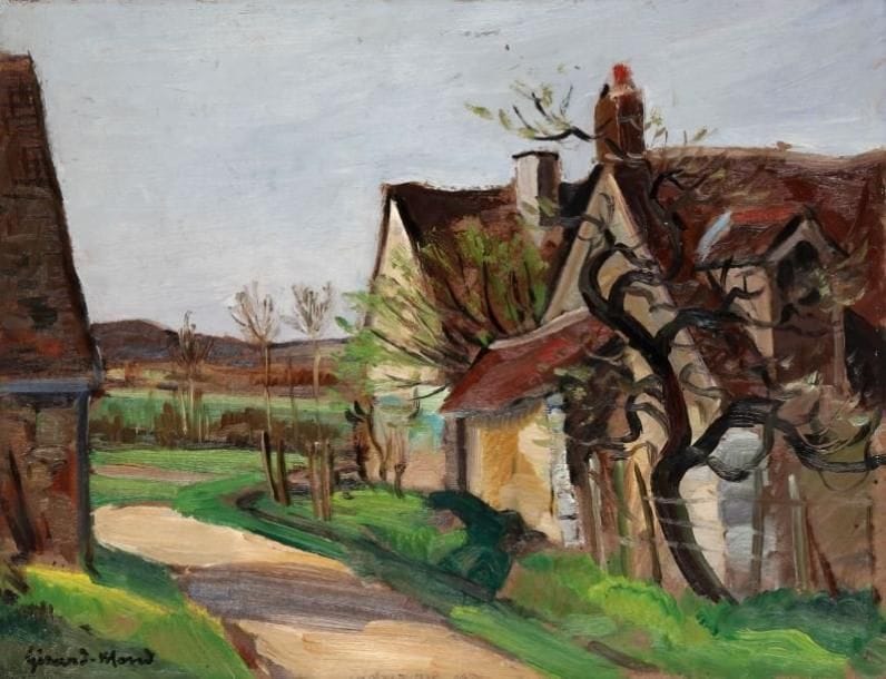 Girard Edmond-Emile dit GIRARD-MOND (1892-?)
Chemin du lavoir. Villiers sur Loir. Huile sur carton. Signée en bas à gauche et titrée au dos. 27 x 35 cm. 