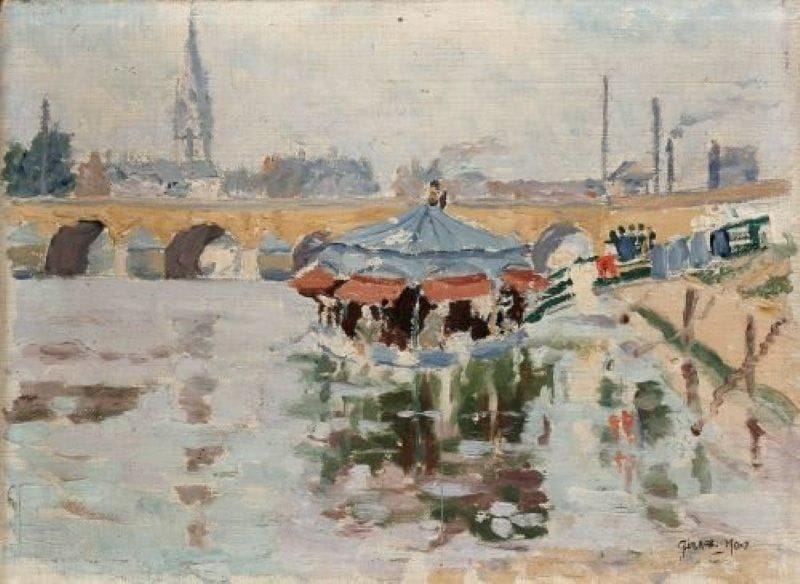 Girard Edmond-Emile dit GIRARD-MOND (1892-?)
Le bateau lavoir. Huile sur toile contrecollée sur carton. Signée en bas à droite et titrée au crayon au dos. (Encadré). 24 x 33,5 cm. 