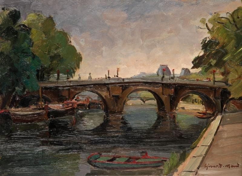 Girard Edmond-Emile dit GIRARD-MOND (1892-?)
Soir au Pont Neuf. Huile sur carton. Signée en bas à droite et titrée au dos. 24 x 33,5 cm. 