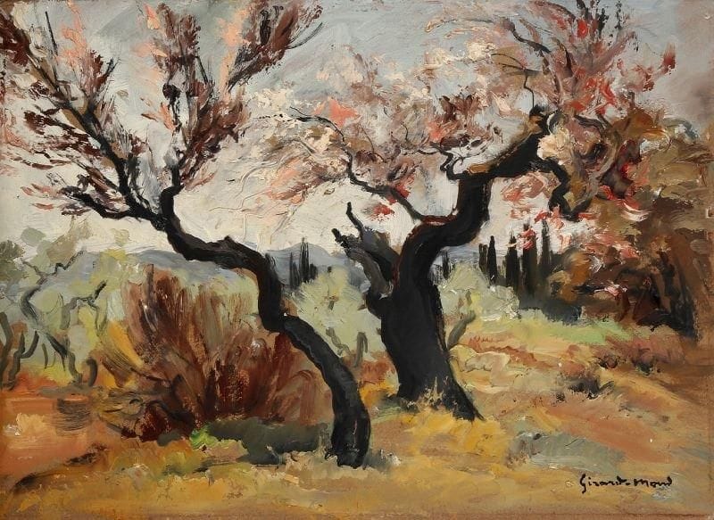 Girard Edmond-Emile dit GIRARD-MOND (1892-?)
Deux amandiers. Huile sur carton. Signée en bas à droite et titrée au dos. 24 x 33 cm. 