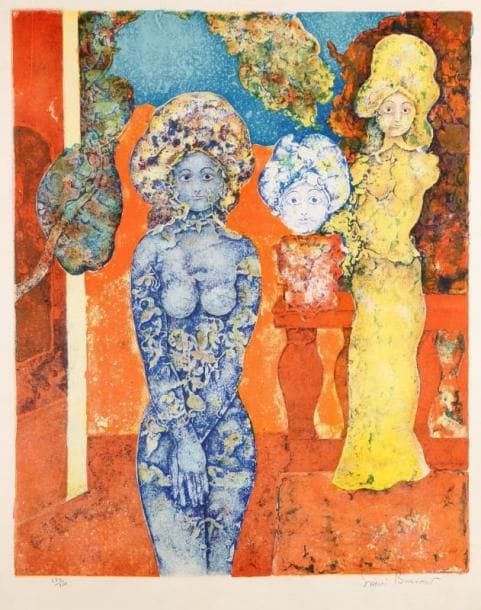Sakti BURMAN (né en 1935)
Deux femmes et enfant sur une terrasse. Lithographie. Signée en bas à droite et justifiée 172/200 en bas à gauche. 50 x 41 cm. 