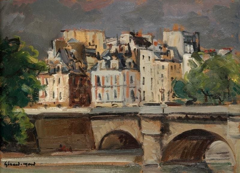 Girard Edmond-Emile dit GIRARD-MOND (1892-?)
Au pont Neuf, temps gris. Huile sur carton. Signée en bas à gauche et titrée au dos. 24 x 33 cm. 