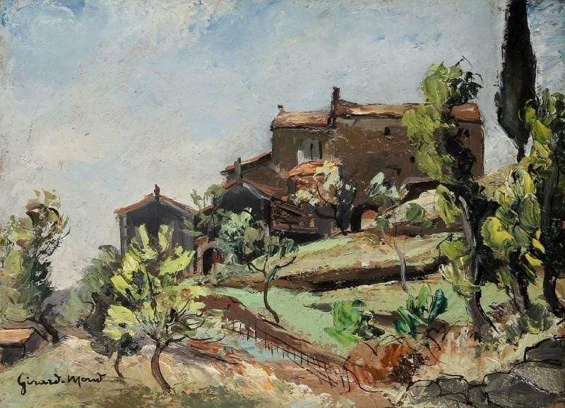 Girard Edmond-Emile dit GIRARD-MOND (1892-?)
Contre jour sur le Sarte ?. Huile sur carton. Signée en bas à gauche et titrée au dos. 24 x 33 cm. 