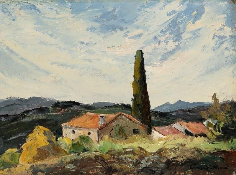 Girard Edmond-Emile dit GIRARD-MOND (1892-?)
Le Mas. Huile sur carton. Signée en bas à droite et titrée au dos. 24 x 33,5 cm. 