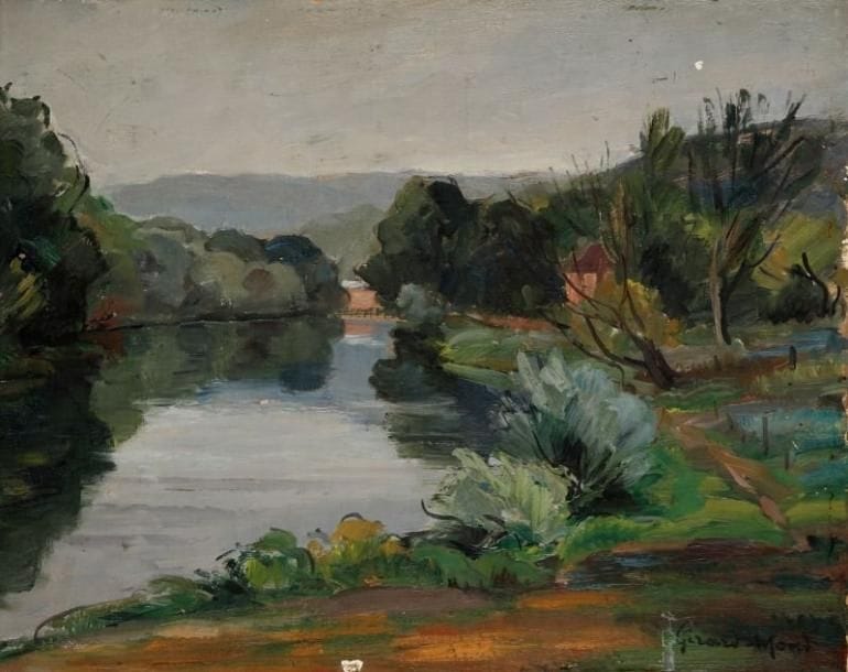 Girard Edmond-Emile dit GIRARD-MOND (1892-?)
La Seine à Port Marly. Huile sur carton. Signée en bas à droite et titrée au dos. 27 x 35 cm. 