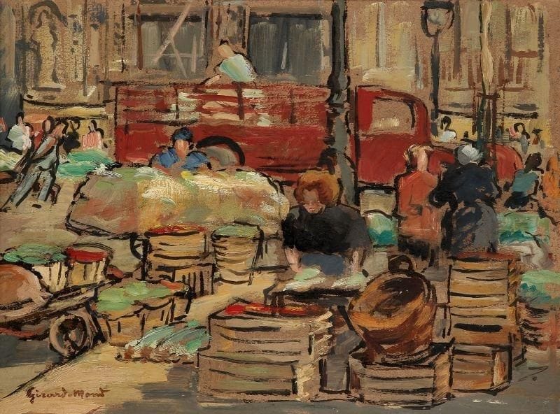 Girard Edmond-Emile dit GIRARD-MOND (1892-?)
Sur le carreau des Halles. Huile sur carton. Signée en bas à gauche et titrée au dos. 24 x 33 cm. 