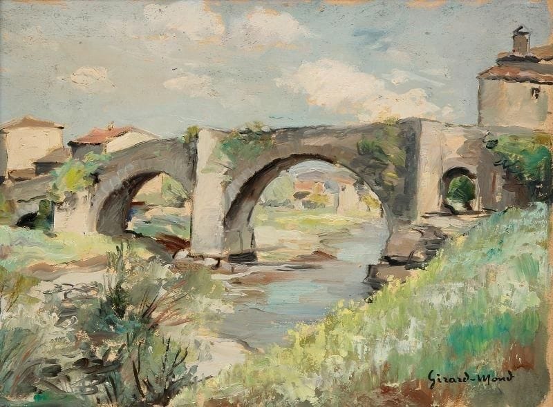 Girard Edmond-Emile dit GIRARD-MOND (1892-?)
Vieux pont sur le Luol à Saint Privat. Huile sur carton. Signée en bas à droite et titrée au dos. 24 x 33,5 cm. 