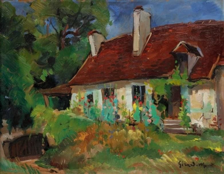 Girard Edmond-Emile dit GIRARD-MOND (1892-?)
Vieille chaumière et cave à Villiers sur Loir. Huile sur carton. Signée en bas à droite et titrée au dos. 27 x 35 cm. 