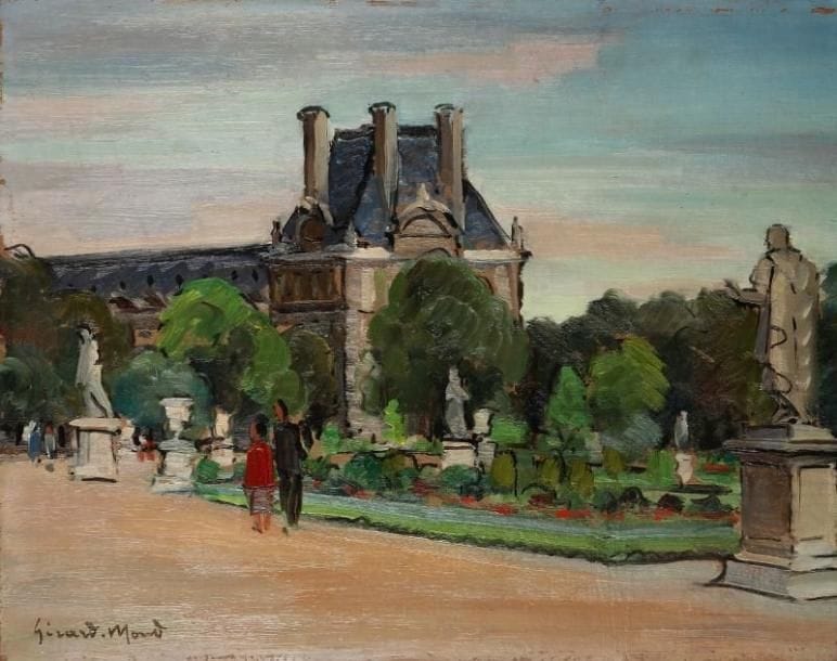 Girard Edmond-Emile dit GIRARD-MOND (1892-?)
Les Tuileries. Huile sur carton. Signée en bas à gauche et titrée au dos. 27 x 35 cm. 
