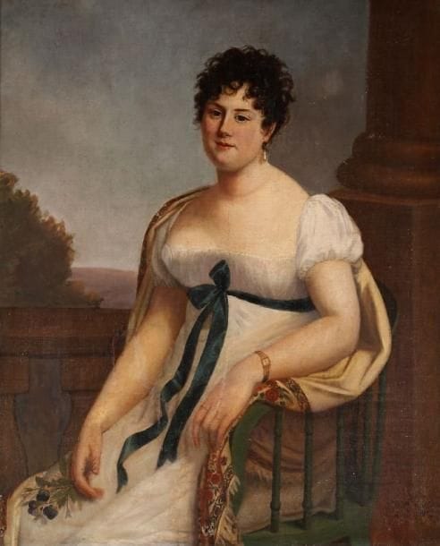 GROSSARE?
Femme assise. Huile sur toile. Porte une inscription "Peint en 1807. .". (Accident, trou en bas au centre, restaurations, encadrée). 100 x 81,5 cm. 
