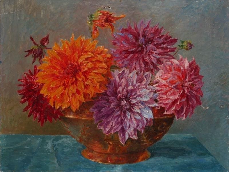 Robert KOCHER
Vase de Dahlias. Huile sur toile. Signée sur le châssis au dos. (Accidents, encadrée). 46 x 61 cm. 