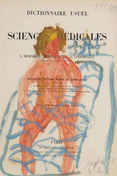 Frédéric LEGLISE (né en 1972)
Femme nue, 1999. Gouache sur une page de dictionnaire de sciences médicales. Signée et datée en bas à droite. 26 x 18 cm. 