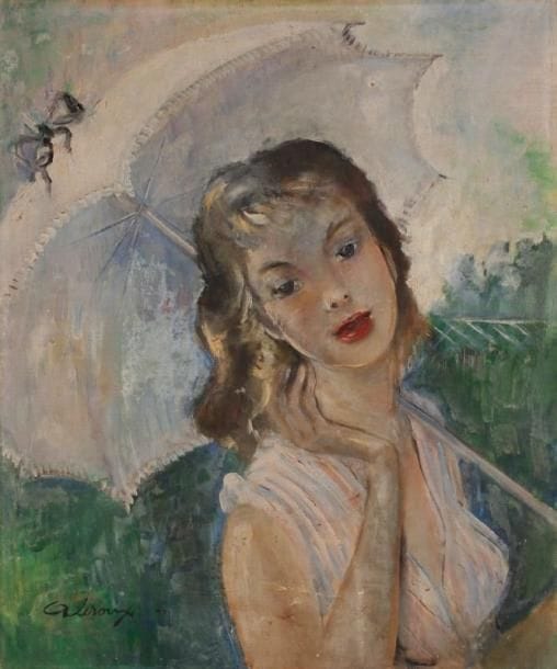 A. LEROUX
Jeune femme à l'ombrelle. Huile sur toile. Signée en bas à gauche. (Accidents). 55 x 46 cm. 