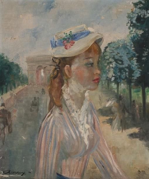A. LEROUX
Jeune femme de profil sur les Champs Elysées. Huile sur toile. Signée en bas à gauche. (Accidents). 55 x 46 cm. 