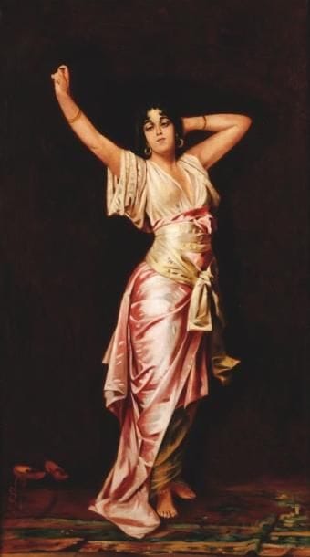 J. F LLOVERAS
Odalisque, 1893. Huile sur toile. Signée et datée en bas à gauche. (Restaurations et enfoncement, encadrée). 84 x 48,5 cm. 