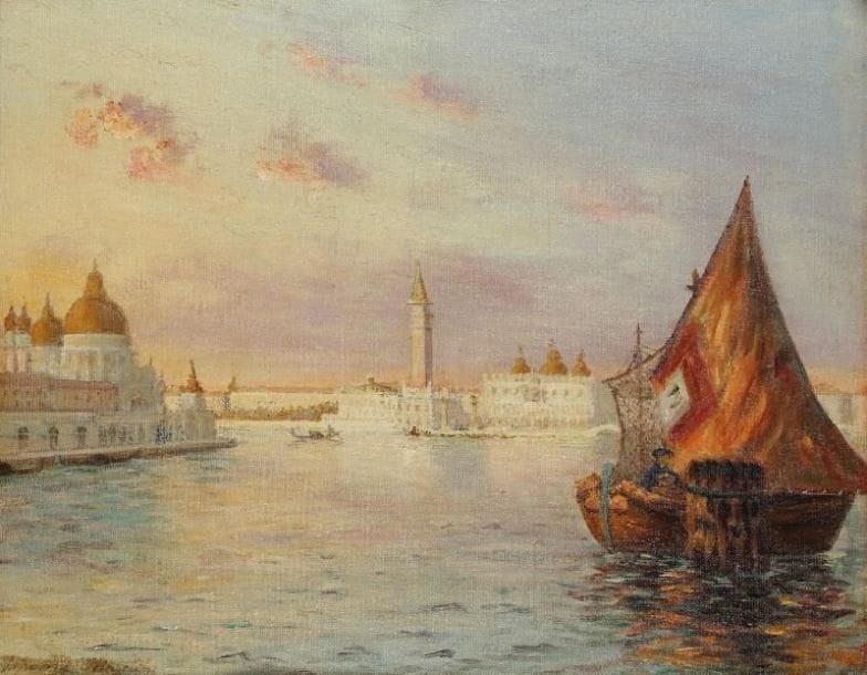 Jehanne MAZELINE (act. 1878-1909)
Vue de Venise. Huile sur toile. Signée en bas à gauche. (Encadrée). 34 x 41,5 cm. 