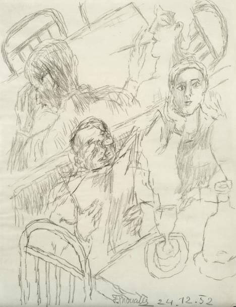 Fikret MOUALLA [turc] (1905-1968)
Au bistrot, 1952. Crayon. Signé et daté 24.12.52 en bas à droite. 33,5 x 26 cm. 