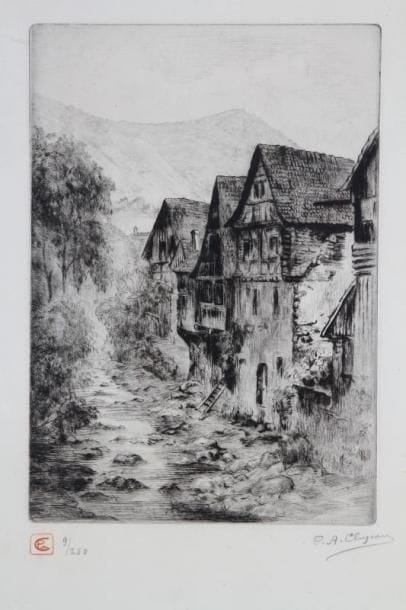 P.A. CLUZEAU
La Weiss, Kayserberg, Haut-Rhin, ca 1924. Pointe sèche. Titrée en bas et signée en bas à droite. Numérotée en bas à gauche. Déchirures et tâches. 57 x 45 cm. 
