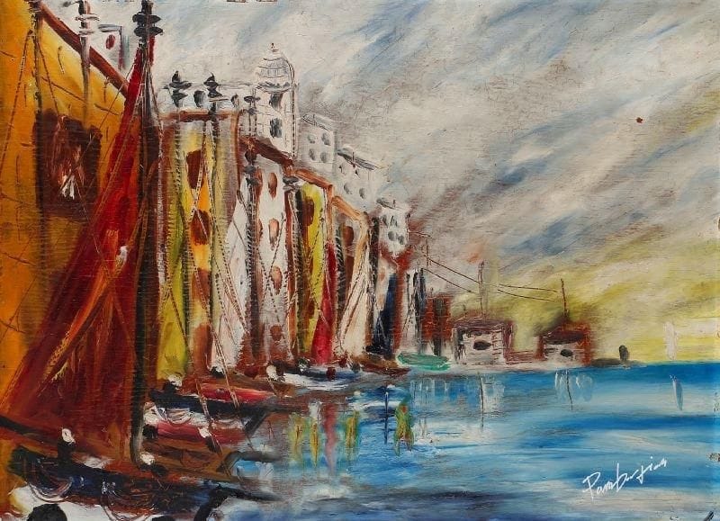 Gérard PAMBOUJIAN (né en 1941)
Port. Huile sur panneau. Signée en bas à droite. (Accidents). 41 x 56 cm. 