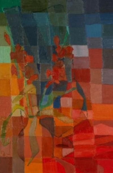 RASKIN
Nature morte aux glaïeuls rouges. Huile sur toile. Non signée. 76,5 x 50,5 cm. 