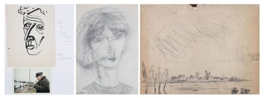 Simon SEGAL (1898-1969)
Portrait de femme (double face) - Paysage de Bretagne - Visage -Personnage. Quatre dessins à l'encre, crayon, crayons de couleurs ou fusain. Le premier signé en bas à gauche. (Déchirures, manques et taches). 37 x 27 cm - 24 x 31 cm - 20 x 16 cm - 12 x 6 cm. On y joint une photographie de l'artiste en Bretagne. 