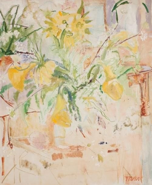 Andréa TANA (1940-)
Table et bouquet. Huile sur toile. Signée en bas à droite. (Encadrée). 76 x 64 cm. 