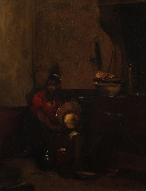 Antoine VOLLON (1833-1900)
La rabouilleuse. Huile sur toile. Signée en bas à droite. (Restauration et rentoilage). 41 x 33 cm. 
