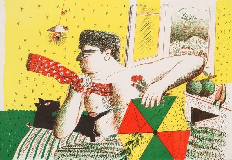 Alexandre FASSIANOS [grec] (né en 1935)
Homme au chat noir. Lithographie. Signée et justifiée 29/40 en haut au milieu. 46 x 66 cm. 