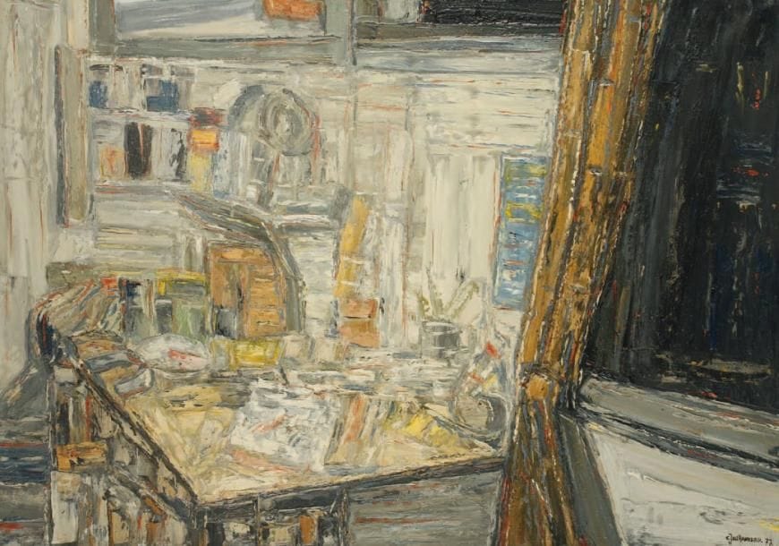 CLAUDE JOUHANNEAU (1931-2011)
La palette, 1977 Huile sur toile Signée et datée en bas à droite Signée et titrée au dos 82 x 115 cm