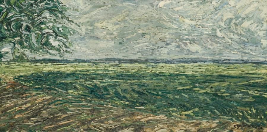 CLAUDE JOUHANNEAU (1931-2011)
Paysage, 1980 Huile sur toile Signée et datée en bas à droite 40 x 89 cm