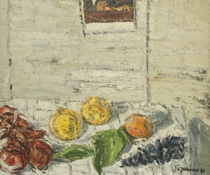 CLAUDE JOUHANNEAU (1931-2011)
Nature morte aux fruits, 1980 Technique mixte sur toile Signée et datée en bas à droite 46 x 55 cm