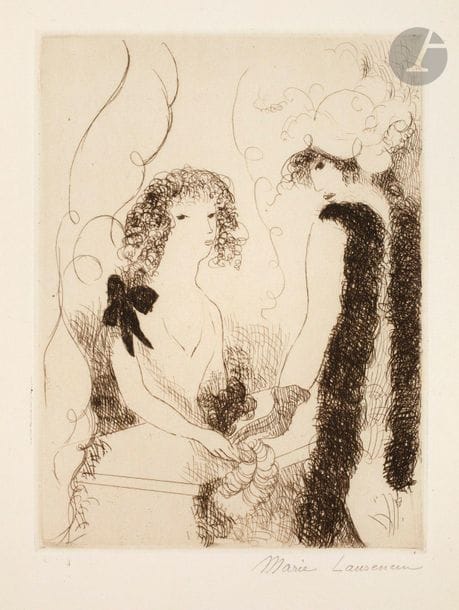 Marie Laurencin (1883-1956) 

Frivolités ou La Marchande de rubans. (Pl. pour un texte de Colette dans Tableaux de Paris). 1925. Eau-forte. 150 x 200. Marchesseau 92. Très belle épreuve sur vélin mince, signée au crayon. Infimes plis de manipulation. Toutes marges.