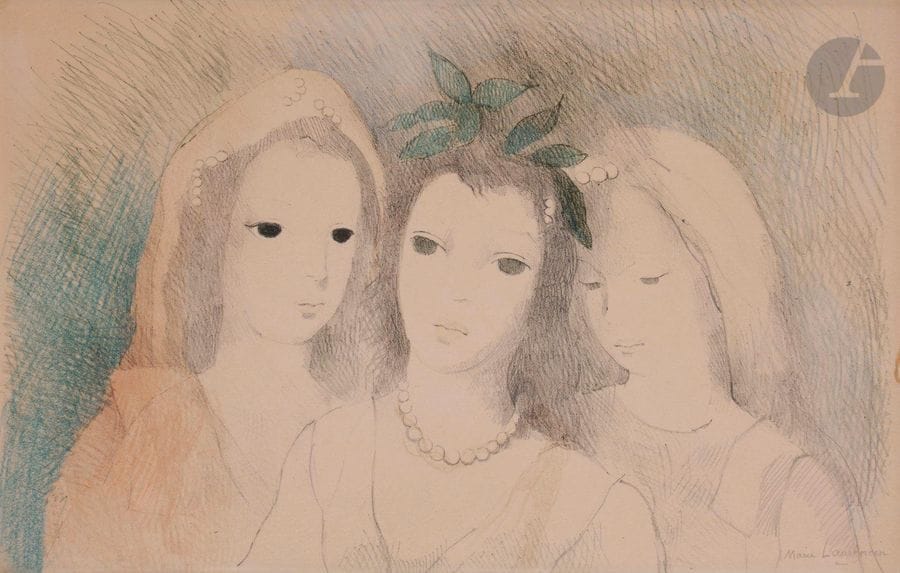 Marie Laurencin (1883-1956) 

Trois têtes de femmes. 1944. Lithographie. À vue : 490 x 320. Marchesseau 232. Impression en couleurs. Bonne épreuve sur vélin, avec petites reprises à la mine de plomb, notamment dans l’épaule de la femme à droite, signée au crayon. Forte oxydation du feuillet. Marges. Cadre.