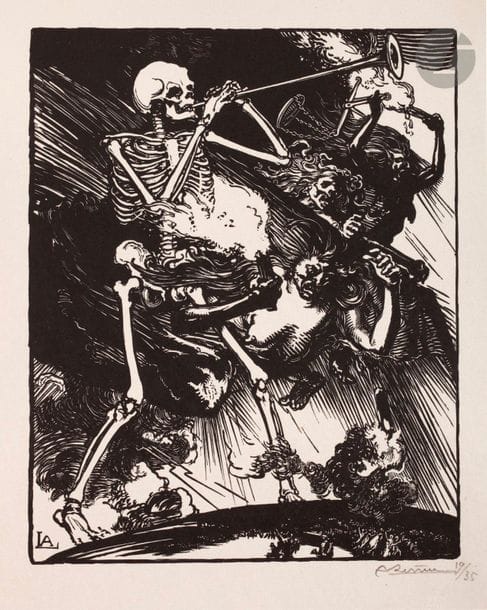 Auguste Lepère (1849-1918) 

La Mort et les passions vont fondre sur le monde. (Pl. pour La Guerre de 1914, série I, pl. 7). Bois gravé. 165 x 205. Texier-Bernier 529. Très belle épreuve sur vélin, signée et numérotée au crayon. Petite auréole d’humidité dans l’angle inférieur gauche. Infimes rousseurs le long du bord supérieur du feuillet. Toutes marges. Tirage à 35 épreuves. Timbre sec : Ed. Sagot éd. Paris (Lugt 2254).