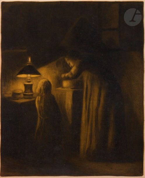 Maximilien Luce (1858-1941) 

La Cuisine, rue Cortot, ou La Soupe. Vers 1896-1897. Eau-forte, pointe sèche et aquatinte sur zinc. 300 x 375. Exceptionnelle réunion de 4 épreuves, dont 3 variantes de tirage et d’effets d’encrage, sur vélin, à petites marges, une signée au crayon, une tirée avec une 2e plaque de couleur jaune (effet de lumière d’intérieur), et une épreuve de l’état définitif sur vergé blanc, à toutes marges, numérotée au crayon, avec trace de coulure blanchâtre (colle ou vernis) en marge droite, pénétrant légèrement dans le sujet. Petites rousseurs et salissures. 



En 1887, Luce, âgé de 29 ans, s’installa au 6 de la rue Cortot à Montmartre. En 1893, il déménagea au numéro 16 de la même rue et fit la connaissance d’Ambroisine Bouin qui devait devenir sa compagne et qu’il épousa sur le tard en 1940, un an avant sa mort.