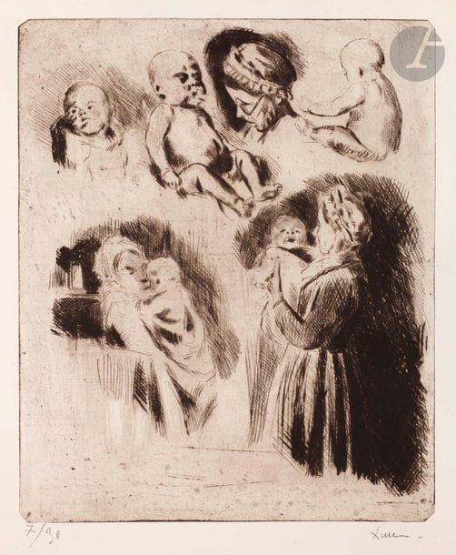Maximilien Luce (1858-1941) Femme et enfant, feuille de croquis. Pointe sèche sur zinc. 310 x 378. Très belle épreuve sur vergé, numérotée et signée au crayon. Court pli cassé dans l’angle inférieur gauche. Toutes marges.