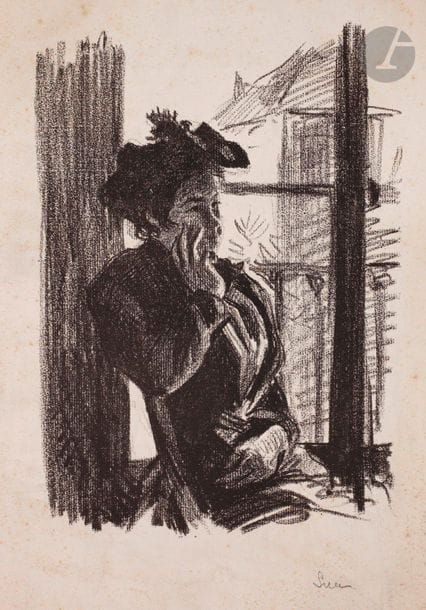 Maximilien Luce (1858-1941) Femme en chapeau à la fenêtre. Vers 1895. Autographie. 220 x 315. Très belle épreuve sur vélin, signée au crayon. Nombreuses rousseurs claires éparses. Toutes marges.