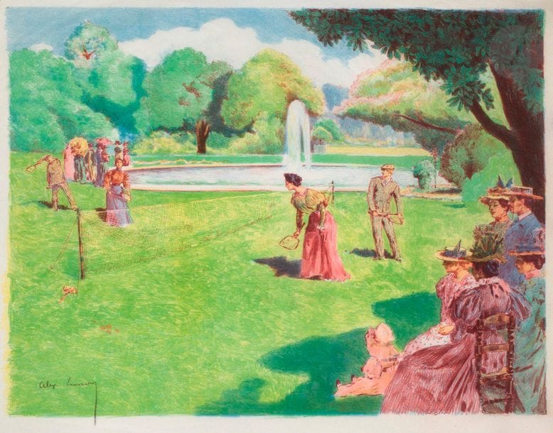 Alexandre Lunois (1863-1916) 

La Partie de volant, ou Lawn Tennis. 1898. Lithographie. 500 x 380. I.F.F. 68 ; Johnson 74. Très belle et fraîche épreuve sur japon pelure, signée au crayon dans le sujet à gauche. Nombreuses fines traces de plis aux bords du feuillet. Toutes marges. Tirage à 100 épreuves pour un album non publié de la Galerie Vollard. Joint : même sujet. Très belle épreuve d’essai sur vélin mince jaunâtre, avant effaçage des croix de pointure, une pierre de rouge à la place de la pierre de rose définitive. Toutes marges. Ens. 2 p.