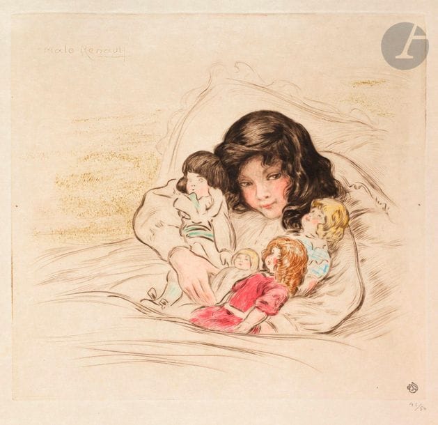 Malo-Renault (Émile Renault, dit) (1870-1938) 

Petite fille aux poupées. 1911. Pointe sèche et aquatinte. 298 x 276. Bailly-Herzberg p. 207. Impression en couleurs. Très belle épreuve sur japon, numérotée au crayon, revêtue dans l’angle inférieur droit du timbre « imprimé par Nori Malo-Renault ». Toutes marges. Tirage à 50 épreuves. Timbre de L’Estampe Nouvelle (Lugt 886).
