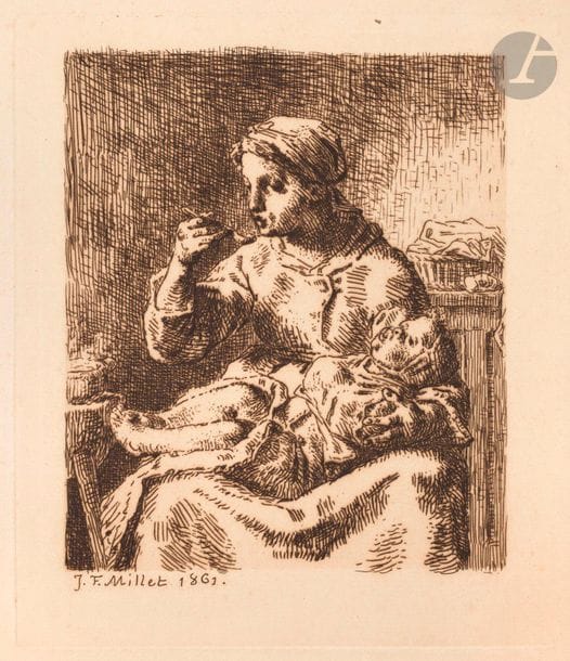 Jean-François Millet (1814-1875) 

La Bouillie. 1861. Eau-forte. 160 x 215. Delteil 17. Très belle épreuve sur vergé, du 3e état (sur 6), avant le titre. Traces d’oxydation éparses. Toutes marges.