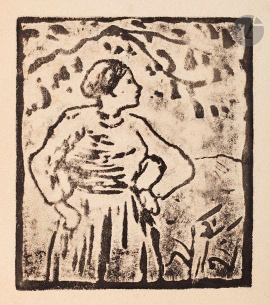 Camille Pissarro (1830-1903) 

Paysanne sous un arbre. Vers 1895-1900. Zincographie. 123 x 140. Delteil non décrit ; Cailac (édition révisée de Delteil, Alan Wofsy Fine Arts, 1999) 195. Très belle épreuve sur vélin crème. Toutes marges non ébarbées [248 x 163]. De toute rareté. Ex-coll. H.-M. Petiet (Lugt 5031). 

 

 « Le Cabinet des estampes possède la plaque gravée, et même sculptée, par Pissarro, puisque le métal y est creusé comme un bois, le dessin ayant été réservé, peut-être avec un vernis (…) Ainsi cette planche daterait de l’époque où Camille collaborait avec son fils. Le revers de la plaque porte d’ailleurs une esquisse à peine mordue qui représente un paysan au travail tout à fait dans l’esprit des études pour les Travaux des champs. Il est possible que ces recherches datent des vacances que Lucien passa à Éragny en juillet-août 1895, et au cours desquelles les projets de travail en commun pour les Travaux des champs prirent corps… » (Catalogue de l’exposition à la Bibliothèque nationale, 1974, cité par J. Cailac.)