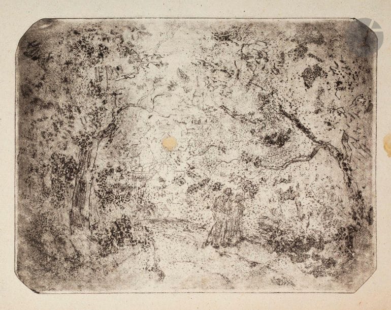 Camille Pissarro (1830-1903) 

Chemin sous bois, à Pontoise. 1897. Eau-forte et aquatinte sur zinc. 214 x 163. Delteil 19. Très rare épreuve sur vélin beige fort, du 1er état (sur 6), avant de nouveaux travaux. Trois taches claires circulaires dont une dans le sujet. Trace d’un autre coup de planche autour du sujet. Léger empoussiérage. Toutes marges. Tirage à 5 ou 6 épreuves de cet état. Tirage à une vingtaine d’épreuves du vivant de l’artiste. Tirage posthume à 18 épreuves. Ex-coll. H.-M. Petiet (Lugt 5031).