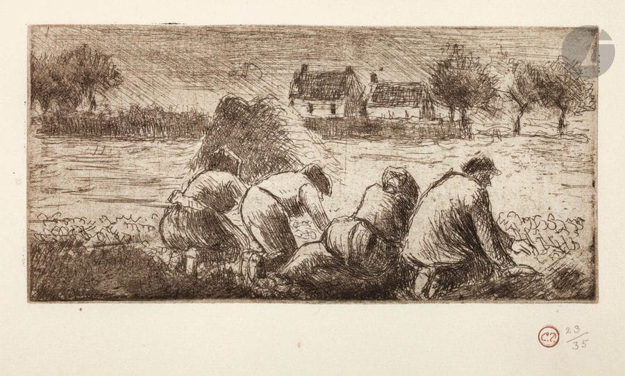Camille Pissarro (1830-1903) 

Paysans dans les champs. 1891. Eau-forte et pointe sèche sur zinc. 150 x 72. Delteil 104. Très belle épreuve, l’une des 35 du tirage de 1920 sur vergé filigrané « Whatman », timbrée (Lugt 613f) et numérotée au crayon. Grandes marges (anciennement rempliées en tête et en pied). Tirage total à 51 épreuves, dont seulement 6 du vivant de l’artiste. Ex-coll. H.-M. Petiet (Lugt 5031).