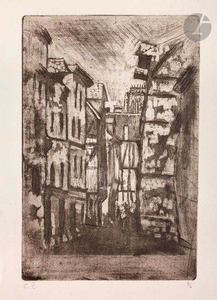 Camille Pissarro (1830-1903) 

Le Vieux Rouen (Rue Molière). 1896. Eau-forte et aquatinte. 147 x 221. Delteil 121. Très belle épreuve sur vergé mince, l’une des 6 du tirage de 1922-1923, timbrée (Lugt 613e) et numérotée au crayon, légèrement oxydée par places. Deux traces d’adhésif oxydées dans les angles supérieurs au recto. Courte déchirure au bord gauche. Toutes marges. Rare. Tirage total à 8 épreuves environ, dont seulement 2 ou 3 du vivant de l’artiste. Ex-coll. H.-M. Petiet (Lugt 5031).